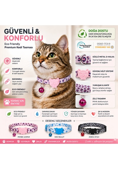 Desenli Kedi Boyun Tasması Geri Dönüştürülmüş İplik, Güvenli Kilit Sistemli, Konforlu Kullanım, Pembe Leopar