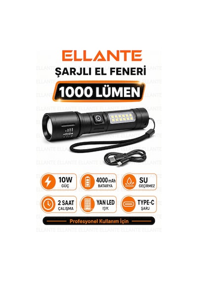 Şarjlı El Feneri 1000 Lümen 4000 Mah Bataryalı Type-c Şarjlı Yan Led Kamp Tamir Acil Durum Feneri Pd Çok Renkli