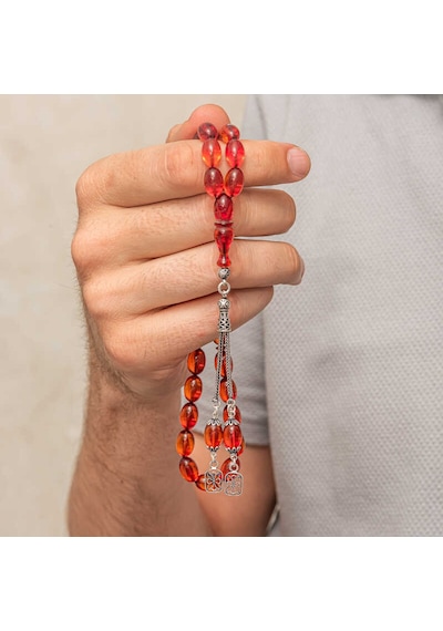 Gümüş Püsküllü Ateş Kehribar Tesbih Sl12420 Gümüş