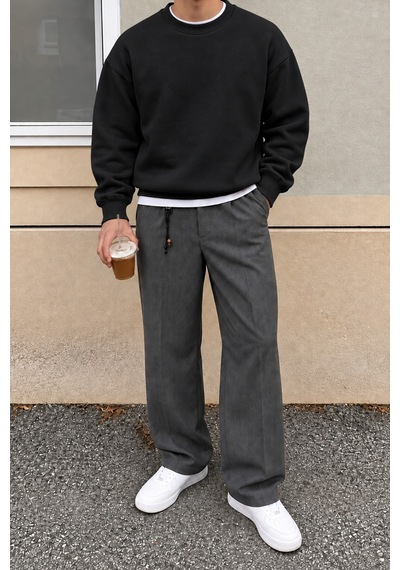Cool Tarz Erkek 3 İplik Şardonlu Regular Fit Bisiklet Yaka Basic Sweatshirt Siyah Siyah