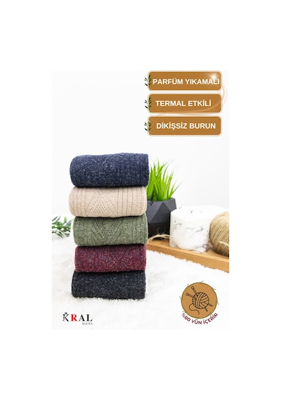 Kral Socks Çorap 5 Çift Kışlık Yün Çorap Lambswool Özel Kuzu Yünlü Kadınlar Için Termal Özellikli ASORTİ