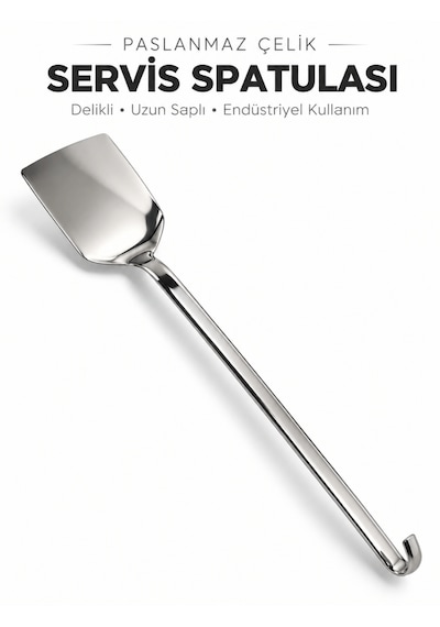 Beylini Endüstriyel Düz Servis Spatulası Delikli Paslanmaz Çelik Uzun Saplı Asılabilir Izgara Tava Lokanta Profesyonel Mutfak Gri