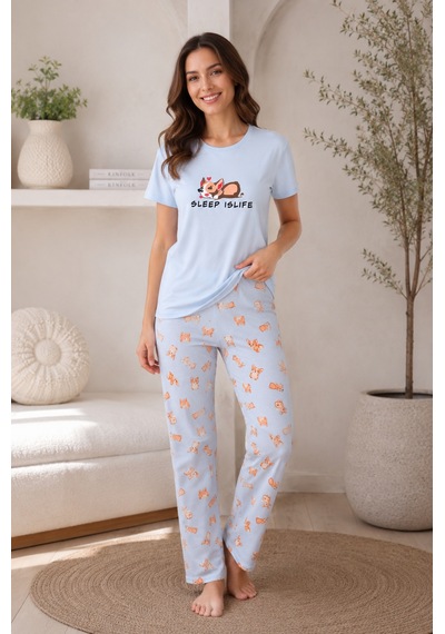 Wordex Mirano 4101 Desenli Kısa Kollu Pamuklu Kadın Pijama Takımı Mavi