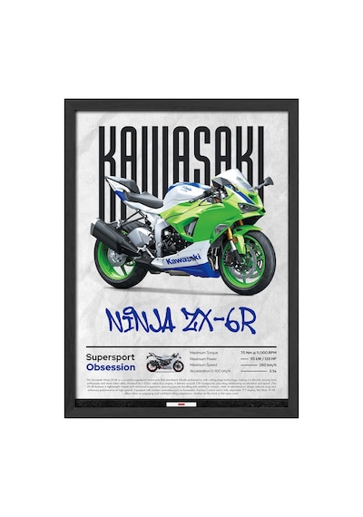 Kawasaki Ninja Zx-6 R Siyah Ahşap Çerçeveli Poster, Dekoratif Motosiklet Duvar Tablosu