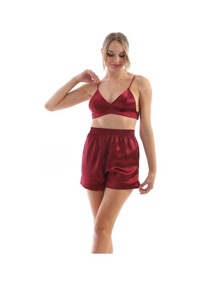 Kadın Bordo Saten Dokuma Büstiyerli Şık Askılı Pijama Takımı