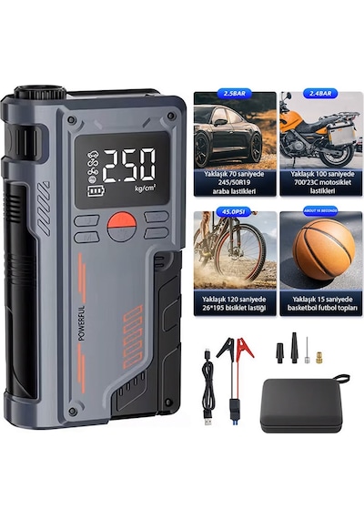 Ezere ST-9631 Pro Taşınabilir Göstergeli Araç Lastik Sisirme Ve Starter Akü Takviye Seti