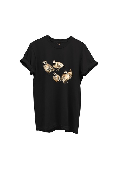 Beşli Keklik Baskılı Doğa Ve Av Temalı %100 Pamuk Regular Fit Unisex T-shirt Siyah