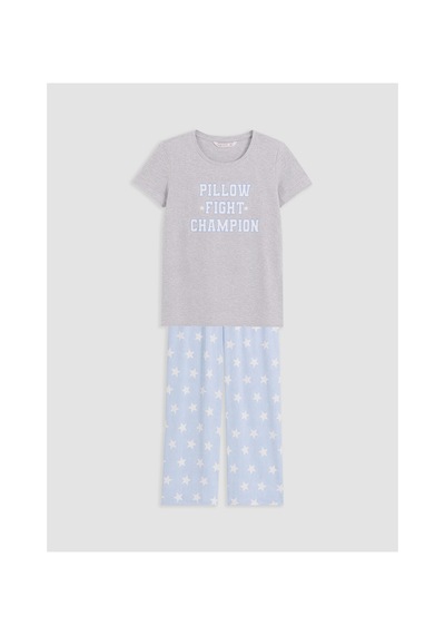 Lcw Dream Mavi Bisiklet Yaka Baskılı Kadın Pijama Takım