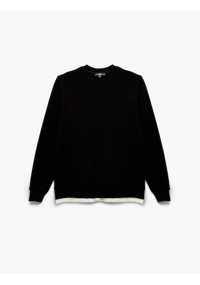 Koton Uzun Kollu Şardonlu Kumaş Detaylı Bisiklet Yaka Sweatshirt Siyah 6wam70070mk Siyah