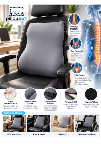 Pillowart Ortopedik Visco Sırt Bel Destek Minderi Anatomik Lomber Omurga Destekli Ergonomik Bel Yastığı