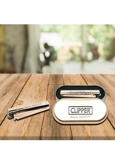 Kişiye Özel Clipper Metal Taşlı Altın Çakmak
