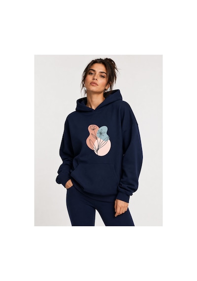 Herkesemoda Çiçek Baskılı Kapüşonlu 2 İplik Şardonlu Sweatshirt Lacivert
