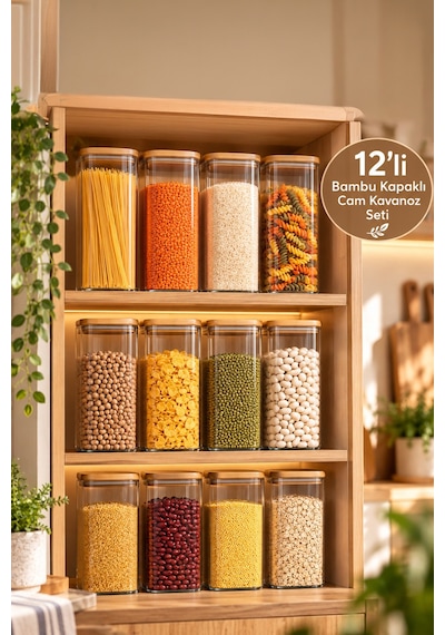 Porsima 7-4 Bambu Vakumlu Kapaklı Kare Borsilikat Cam 12li Kavanoz Seti Saklama Kabı 1900ml 9,5x27cm