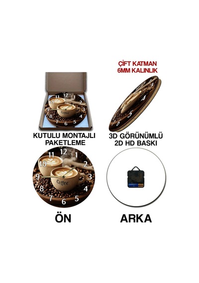 Sessiz Yuvarlak Ahşap Duvar Saati, Kuvars Coffe Desen 2d Sdw2015 Renkli