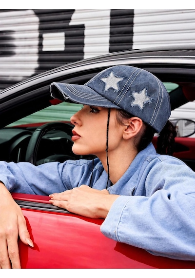 Valkyrie Vintage Lacivert Yıldız Nakışlı Şapka Unisex Eskitme Baseball Cap Ayarlanabilir Pamuk Günlük Spor Şapka