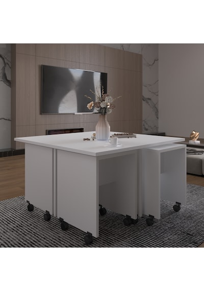 Asra Trend Akıllı Orta Sehpa OS003 %100 MDF 5 Parça Yavrulu Puf Sehpa Seti Beyaz