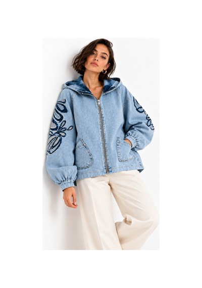 Saade Açık Mavi Kol Ve Sırt İşlemeli Kapüşonlu Denim Ceket