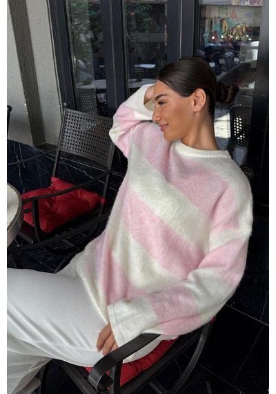 Madmext Pembe Bisiklet Yaka Çizgili Triko Kadın Kazak Mg2472 Pembe