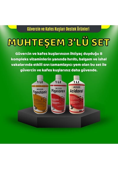 Royal Güvercin Ve Kafes Kuşları İçin 1 Lt Muhteşem Üçlü Set Pigeotonic+pigeorex+acidoral