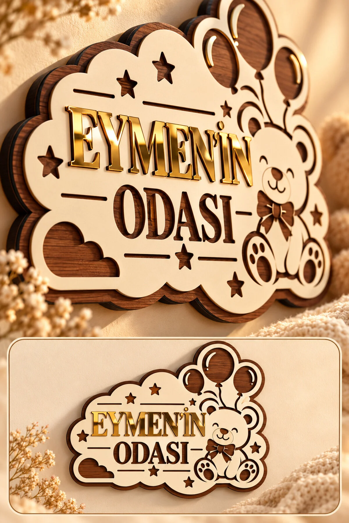 Kişiye Özel Ayıcıklı Balonlu Bebek Ve Çocuk Odası İsimliği Gold Pleksi Mdf Kapı Ve Duvar Süsü
