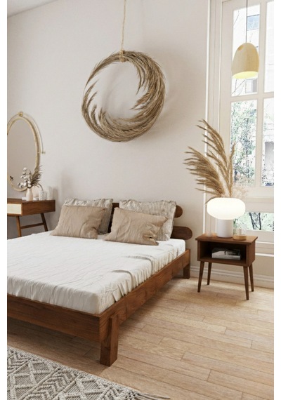 Damla 2 Başlıklı Masif Ahşap Karyola Ve 2 Adet Ceviz 90x190