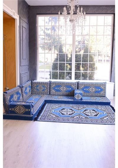 Şark Köşesi Takımı Konsepti Mavi Yahyalı Modeli Koltuk Takımı Sünger Dahil 10 Parça