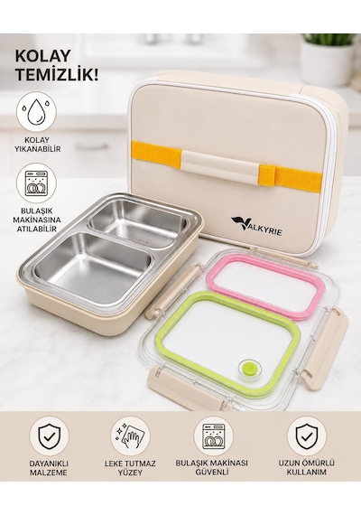 Valkyrie 2 Bölmeli 304 Paslanmaz Çelik Lunch Box Sızdırmaz Renkli Yemek Taşıma Kabı + Termal Çanta Çok Renkli