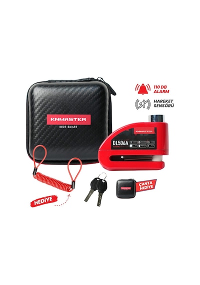 KNMASTER DL506A 6mm Alarmlı Disk Kilidi | Hatırlatma Kablosu ve Taşıma Çantası Kırmızı