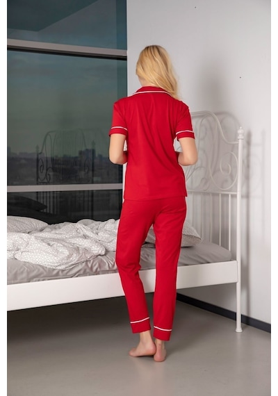 Siyah İnci Kadın Kısa Kollu Pamuklu Düğmeli Biyeli Pijama Takım Kırmızı Siyah İnci Kadın Kısa Kollu Pamuklu Düğmeli Biyeli Pijama Takım Kırmızı