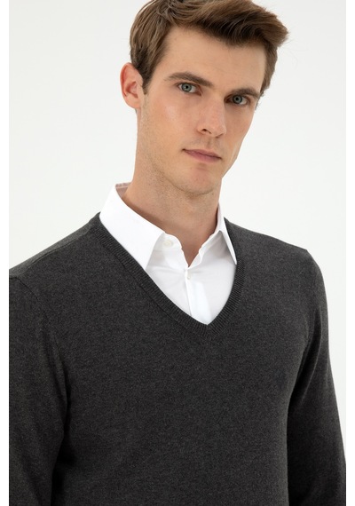 U.S. Polo Assn. Erkek Slim Fit V Yaka Antrasit Melanj Basic Kazak 50294764-VR081