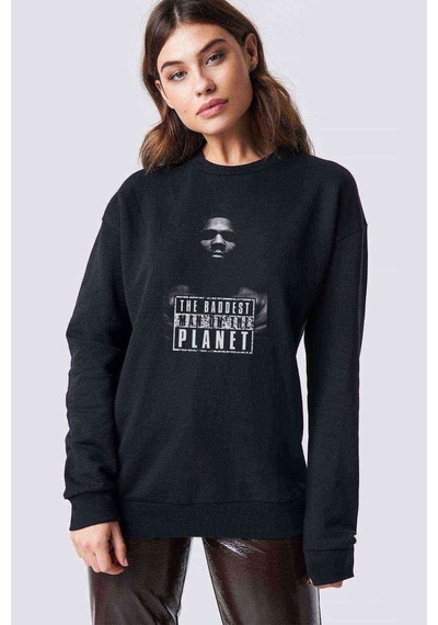 Mike Tyson The Baddest Boks Baskılı Siyah Kadın Sweashirt