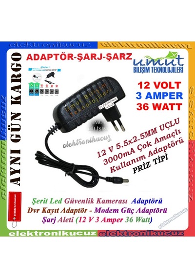 12 Volt 3 Amper Kamera Adaptörü 12v 3a Aadaptör Led Modem