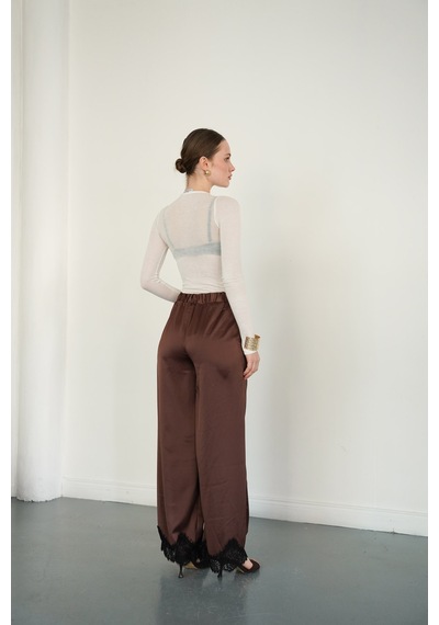 Verymoda Paçası Dantelli Saten Pantolon D2969 Kahve