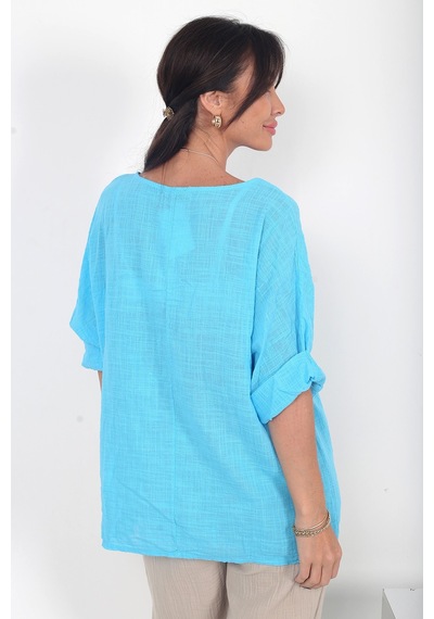 By Saygı Kadın İtalyan Coton Oversize Bluz Mavi By Saygı Kadın İtalyan Coton Oversize Bluz Mavi