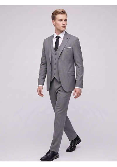 Tk6896 Erkek 3 Parça Slim Fit Çift Yırtmaçlı Takım Elbise Yelekli Şık Klasik Takım 6 Drop Antrasit