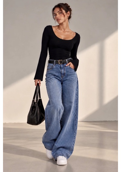 Bbbutikbasic Kadın U Yaka İspanyol Kol Uzun Kollu Slim Fit Bluz My3535 Siyah