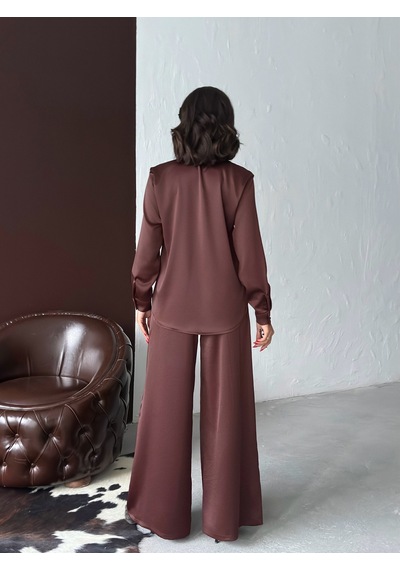 Verymoda Yüksek Bel Bol Paça Saten Pantolon Şık Ve Rahat Tasarım F2052 Kahve