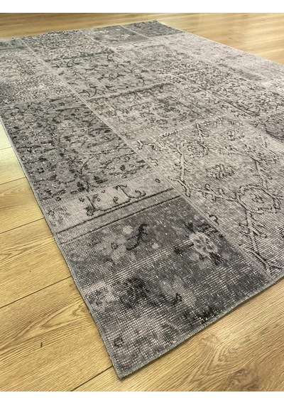 Çam Halı Siesta Patchwork 32-463 Etnik Eskitme Desenli Dokuma Tabanlı Yıkanabilir Şönil Salon Ve Oda Halısı Koyu Gri