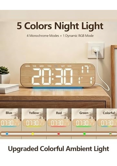 Büyük Ekranlı Ahşap Desenli Dijital Masa Saati 24x9x3 Cm Alarm Çalar Saat Rgb Renkli Led Işıklı Usb Ve Pil Bej