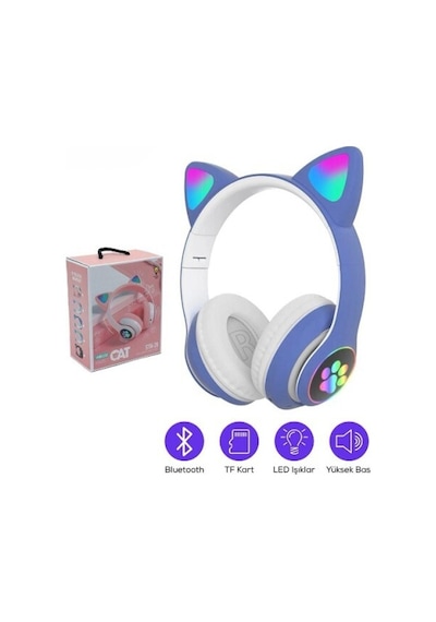 Kedi Figürlü Bluetooth Kulaklık Mavi Renkli