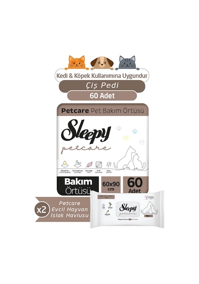 Sleepy Petcare Pet Bakım Örtüsü 2 x 30 Adet + Evcil Hayvan Islak Havlusu 2 x 60 Adet