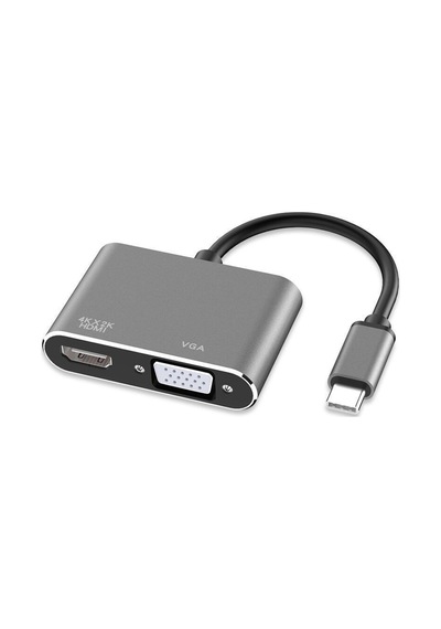 Usb-c 4 Ü 1 Arada 4k Hdmı + Vga + Usb 3.0 + Pd Hızlı Şarj Çoklayıcı Adaptör Gri