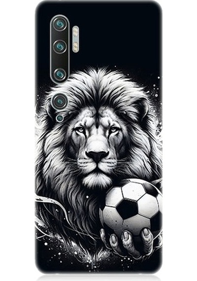 Xiaomi Mi Note 10 Uyumlu Siyah Beyaz Aslan Ve Futbol Topu Desenli Silikon Kılıf