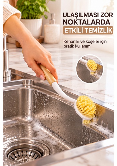 Porsima Bambu Saplı 2'li Bulaşık Ve Lavabo Temizlik Seti - Değiştirilebilir Paslanmaz Tel Bulaşık Fırçası & Çok Amaçlı Yıkama Fırçası Beyaz