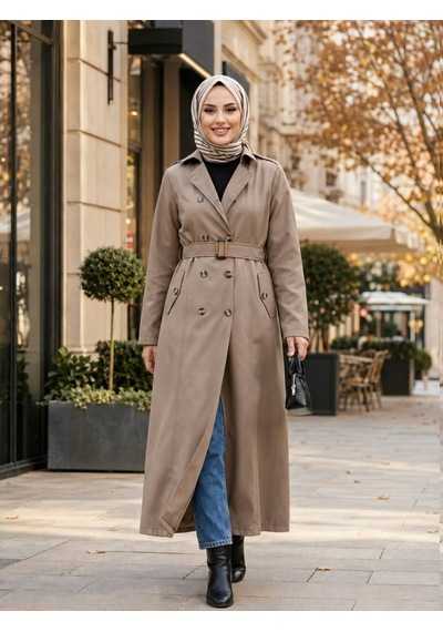Hb Harma Time Butik Kadın Düğmeli Astarlı Kemerli Bondit Bej Trenç