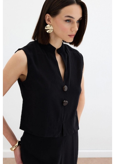 Sateen Süs Düğme Detaylı Bluz - Siyah Siyah