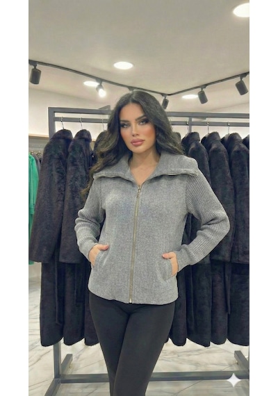 Ribana Classic Kadın Yaka Detaylı Astarlı Slim Fit Kısa Mont Gri