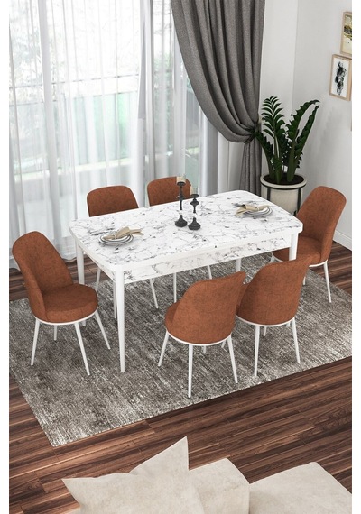 Canisa Kor Serisi, Beyaz Mermer Desen 70x114 Açılabilir Yemek Masa Takımı,6 Kiremit Sandalye Masa Beyaz Mermer Desen Sandalyeler Kiremit Canisa Kor Serisi, Beyaz Mermer Desen 70x114 Açılabilir Yemek Masa Takımı,6 Kiremit Sandalye Masa Beyaz Mermer Desen Sandalyeler Kiremit