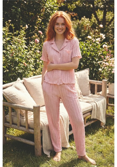 Medinenur Fırfır Detaylı Örme Kısa Kol Düğmeli Pijama Takımı Pembe
