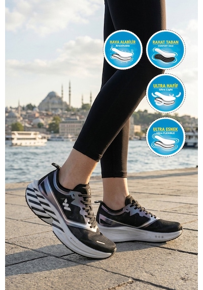 Walkway Siyah-gümüş Hafif Esnek Unisex Koşu Yürüyüş Ve Spor Ayakkabı Space G